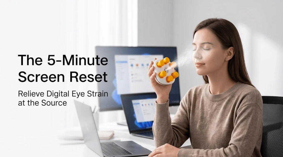Professional worker relieving digital eye strain at her desk using the Elevaure 2-in-1 nano mist and eye massager.