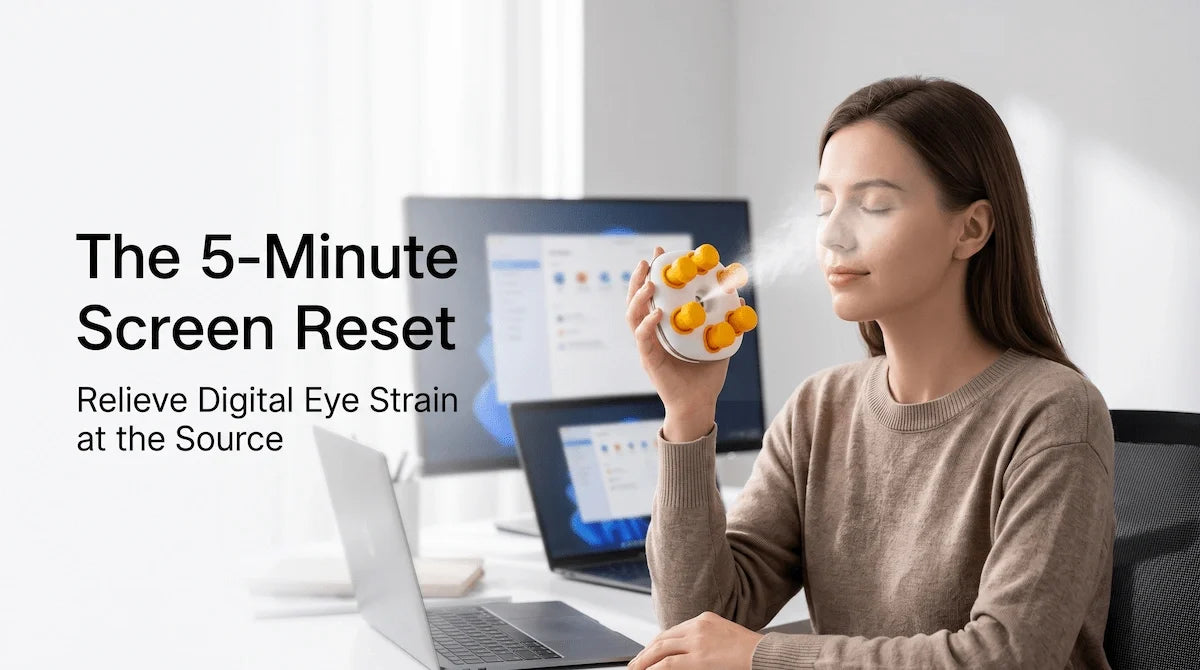 Professional worker relieving digital eye strain at her desk using the Elevaure 2-in-1 nano mist and eye massager.