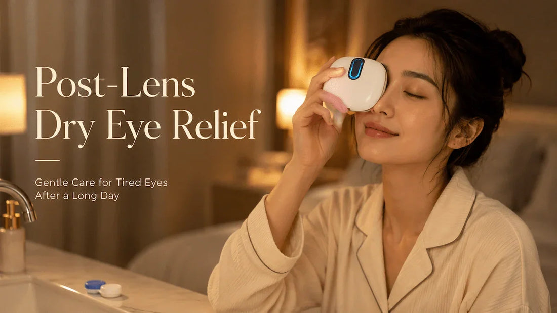 A person using a hydrating eye massager to relieve dry eyes from contacts after removing them at night.