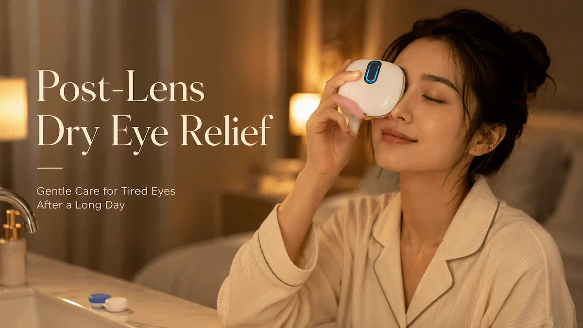 A person using a hydrating eye massager to relieve dry eyes from contacts after removing them at night.