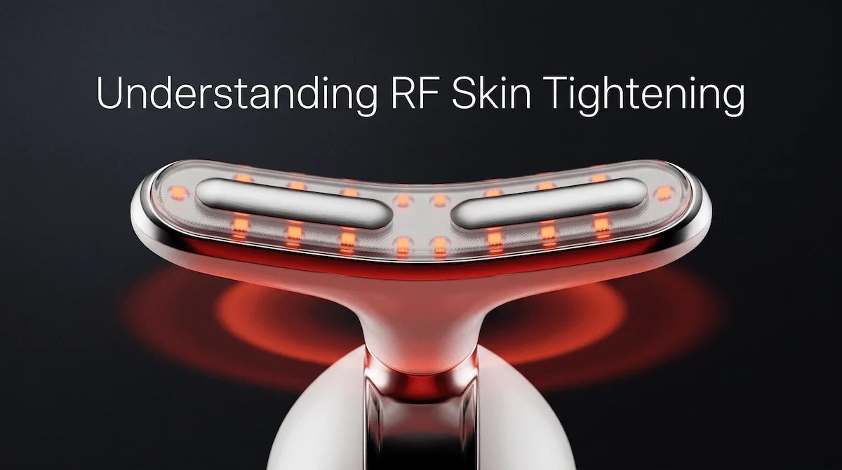 Close-up of an RF neck device emitting red LED light to illustrate radiofrequency technology.