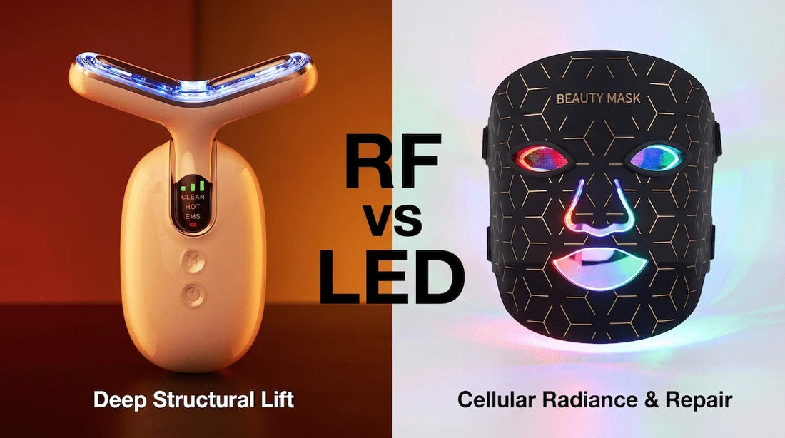 Split image comparing the Elevaure RF skin tightening device and the LED light therapy mask for different anti-aging goals.