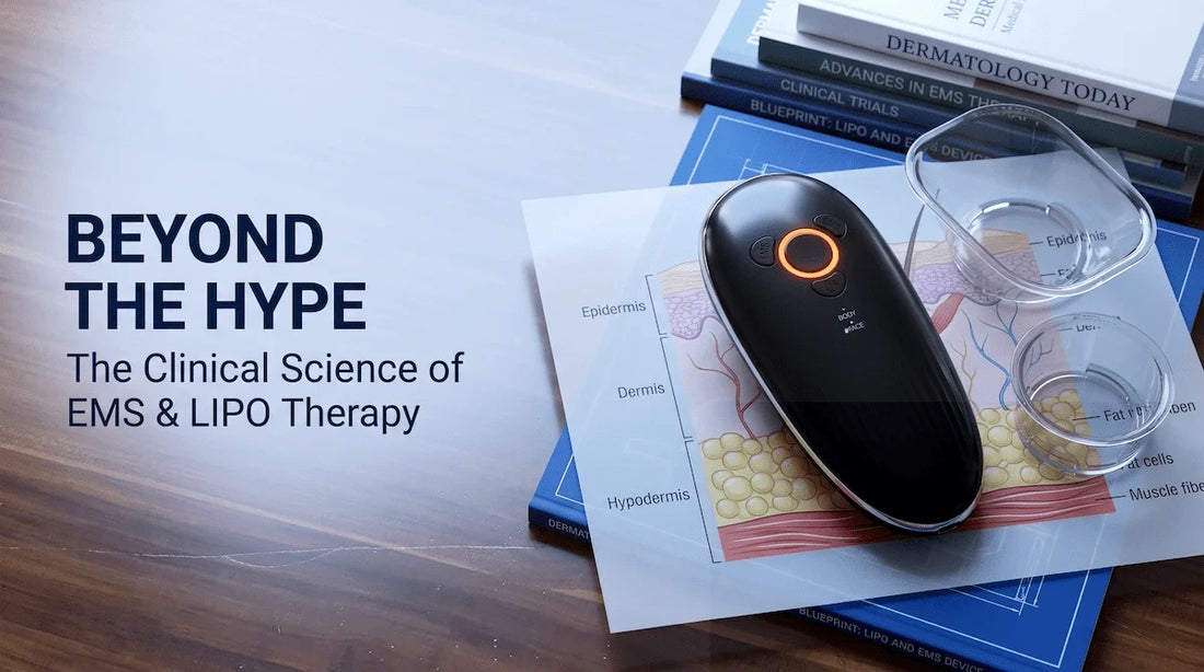 Elevaure body sculpting massager displayed with medical journals highlighting the clinical science of EMS and LIPO therapy.