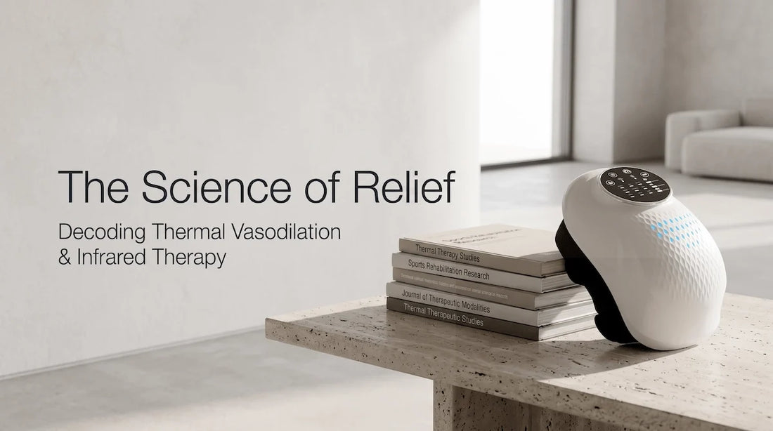 The Elevaure premium knee massager next to scientific journals on a minimalist table.