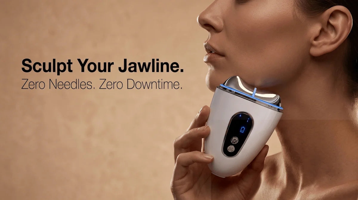 Close-up of a woman achieving a sharper jawline using an EMS facial device, a non-invasive alternative to jaw.