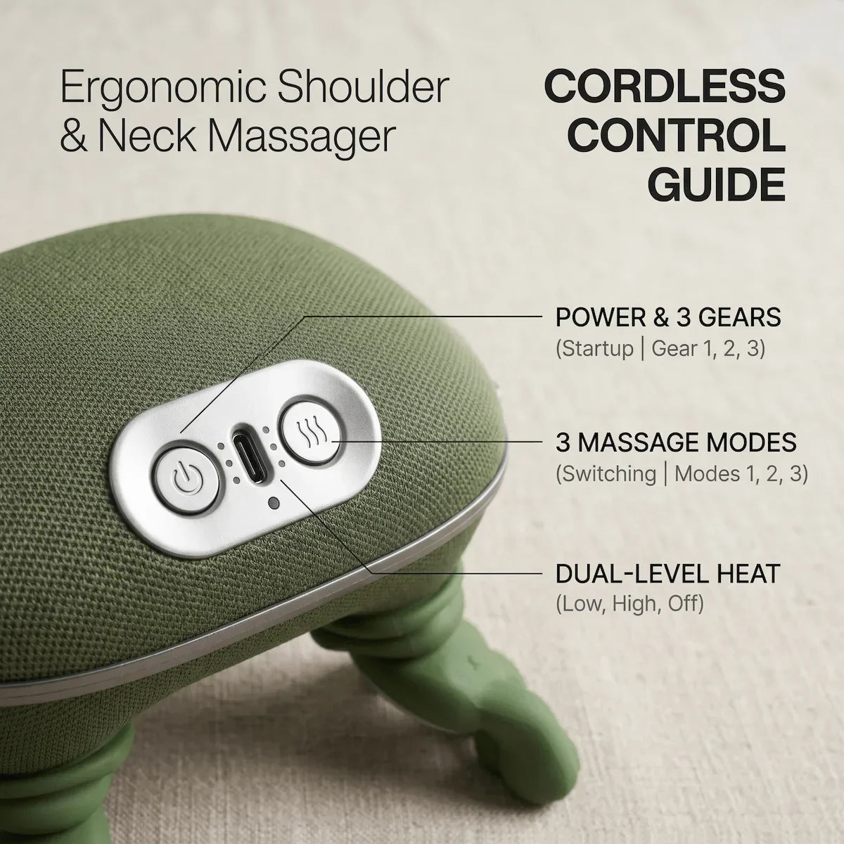 Close-up of the cordless neck massager control panel showing the power button, 3 massage rhythm modes, and dual-level heat settings.