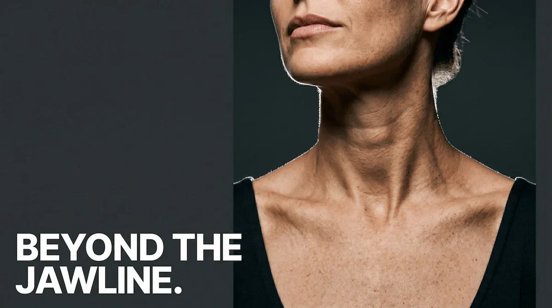 Unretouched side profile of a woman's neck and chest showing natural tech neck lines, emphasizing the need for targeted phototherapy.