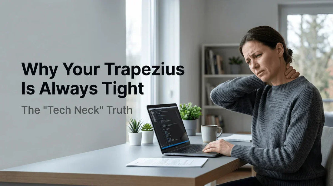 Woman massaging her tight trapezius muscles while working at a laptop, experiencing chronic tech neck tension.
