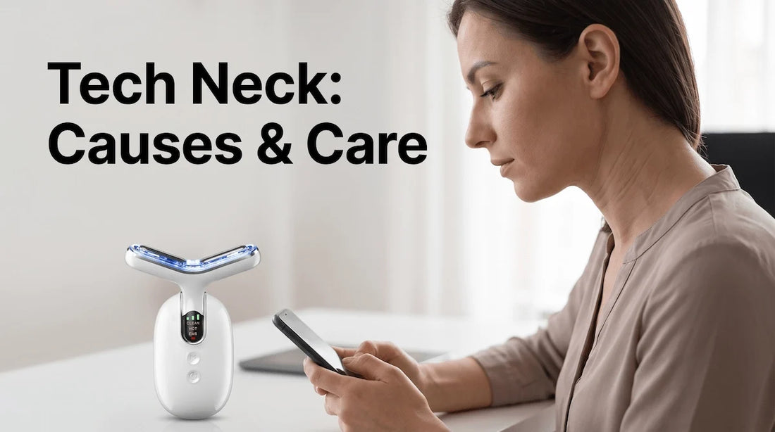 Woman looking down at a smartphone illustrating the posture that causes tech neck wrinkles.
