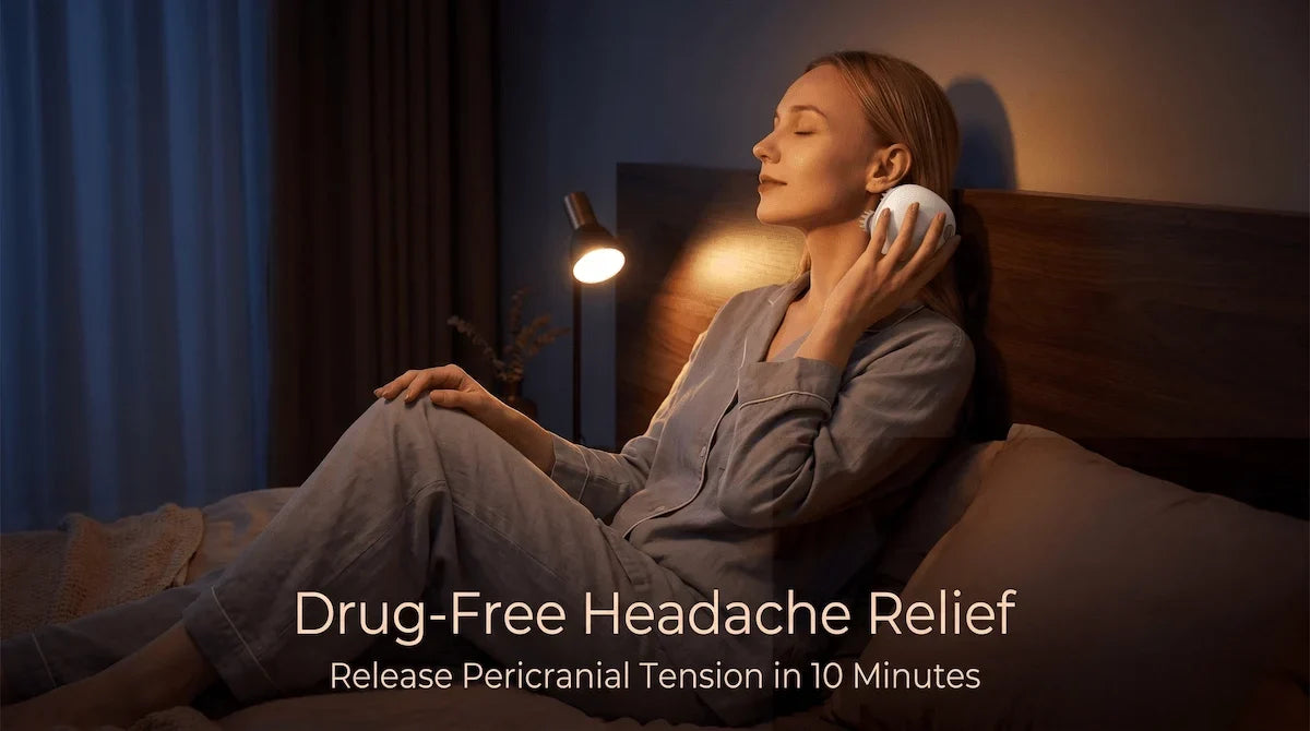 Person using an electric scalp massager at the base of the skull before bed to relieve tension headaches without medication.