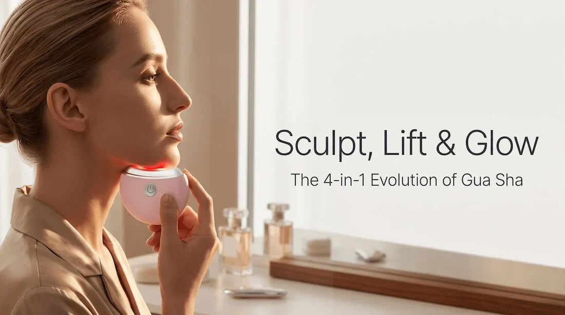 Woman using the Elevaure electric gua sha massager along her jawline to sculpt contours and stimulate collagen with red LED light.