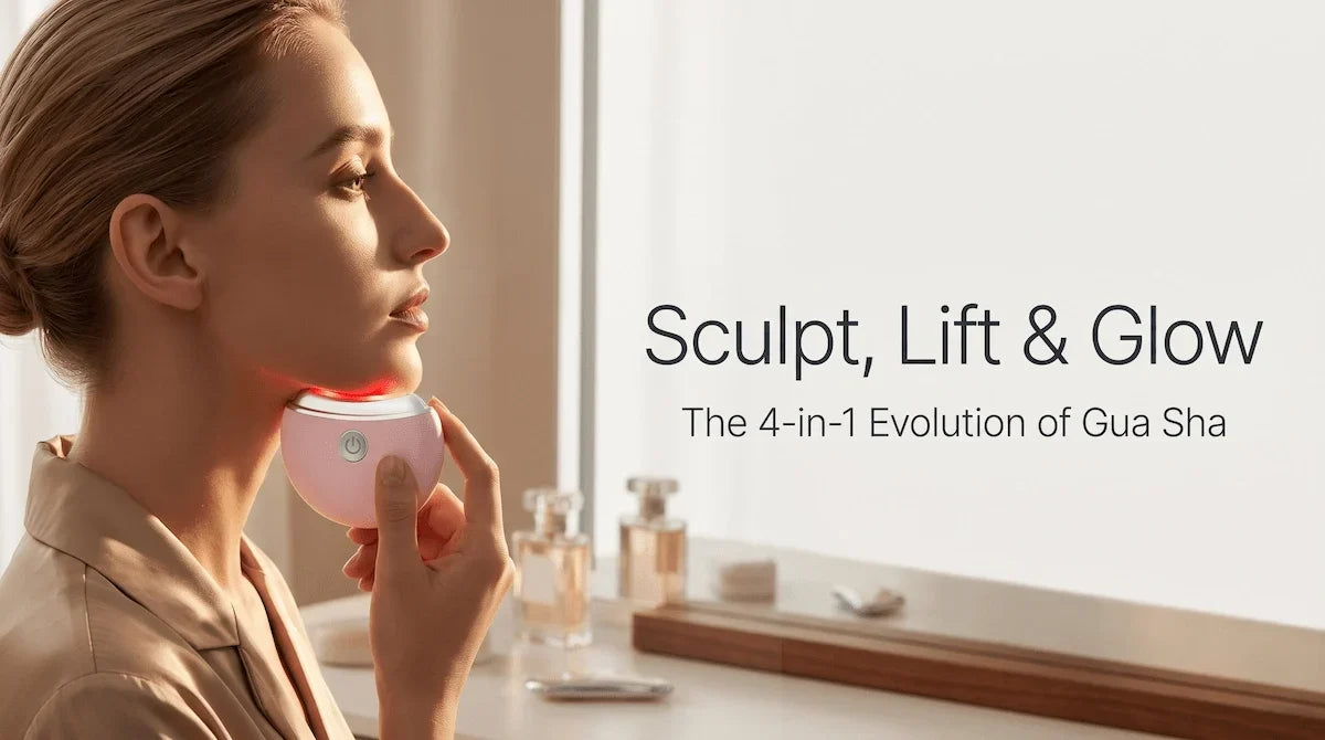 Woman using the Elevaure electric gua sha massager along her jawline to sculpt contours and stimulate collagen with red LED light.