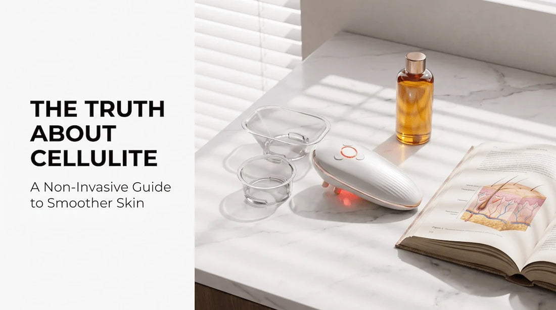 Elevaure Face and Body Sculpting Massager displayed with body oil for at-home cellulite reduction.