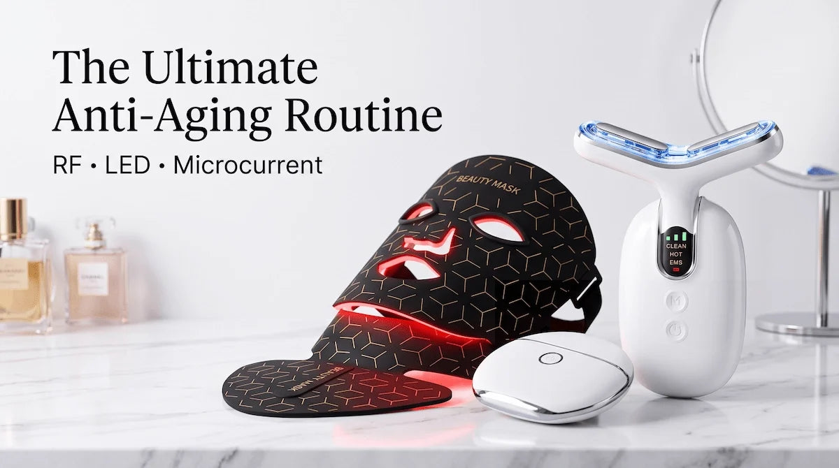 The Elevaure complete anti-aging device collection featuring RF skin tightening, LED light therapy, and microcurrent tools on a marble vanity.