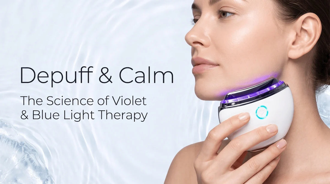 Woman using the ELEVAURE violet and blue LED device to depuff her face and calm skin inflammation in the morning.