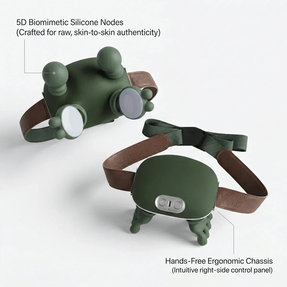 Top and bottom angles of the wearable neck massager highlighting the bionic silicone nodes that safely replace harsh percussive strikes.