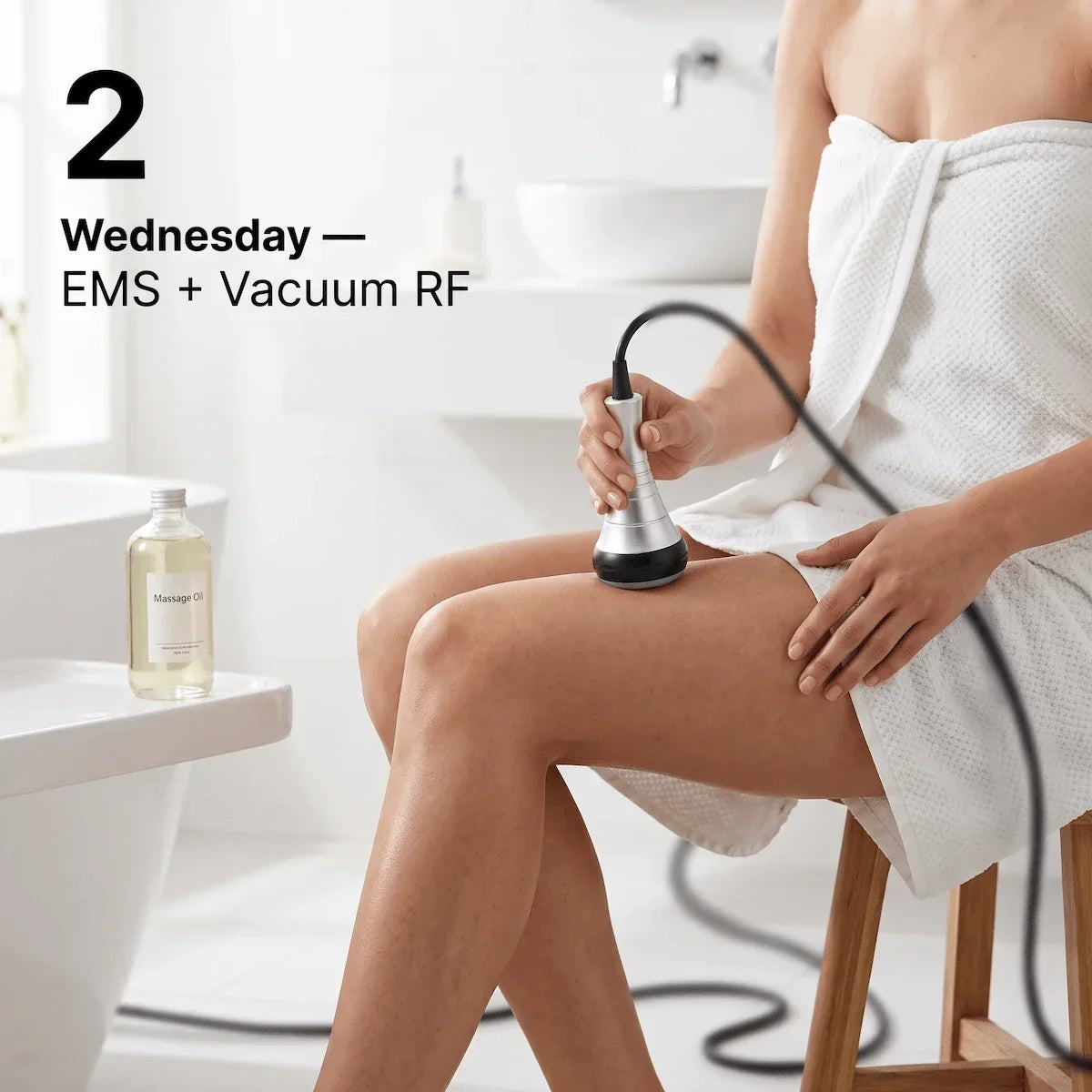 Using Elevaure vacuum RF handle on outer thigh with body oil applied — suction and radiofrequency combined for cellulite reduction and lymphatic drainage.