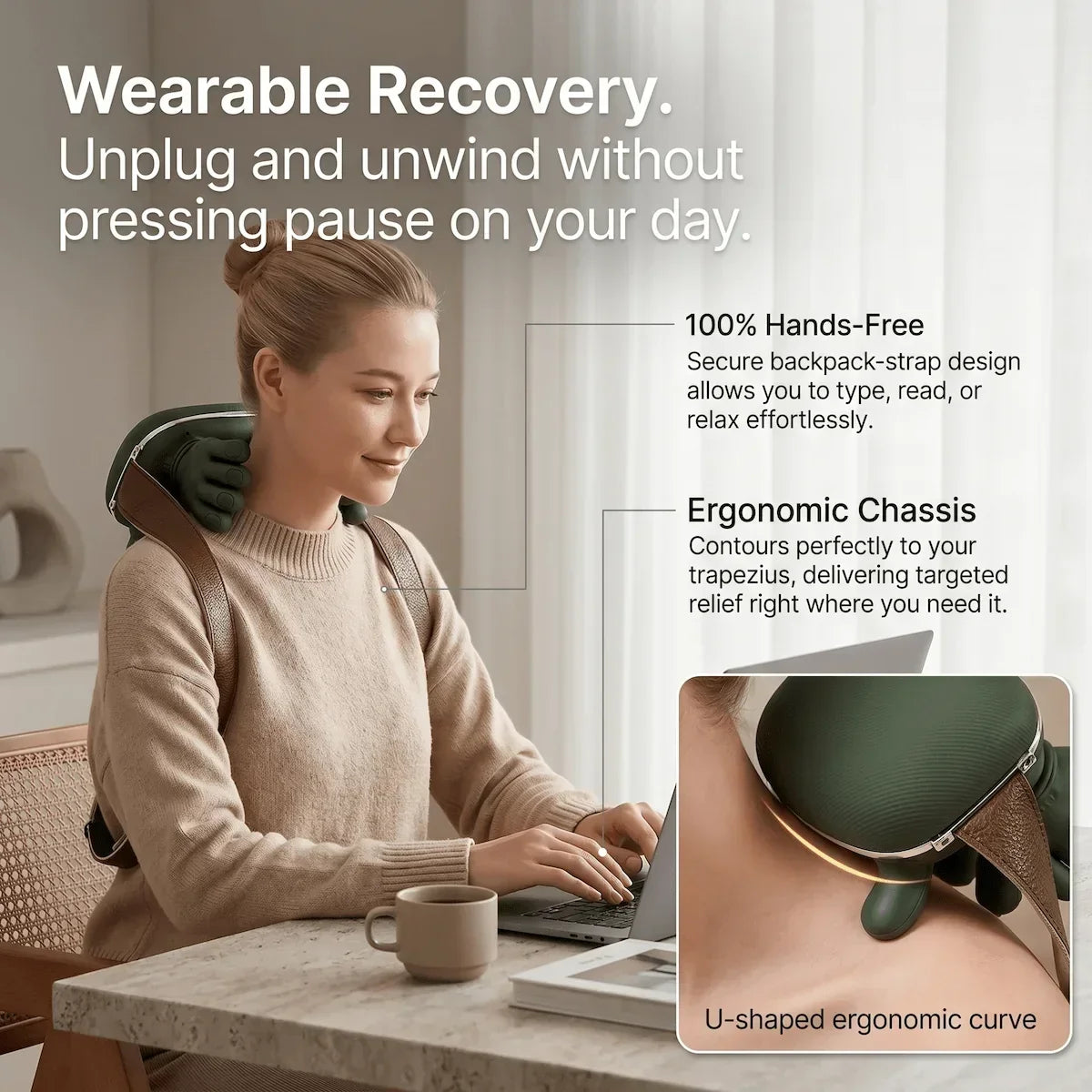 Woman working on a laptop while wearing the 100% hands-free neck massager to relieve tech neck and trapezius tension.