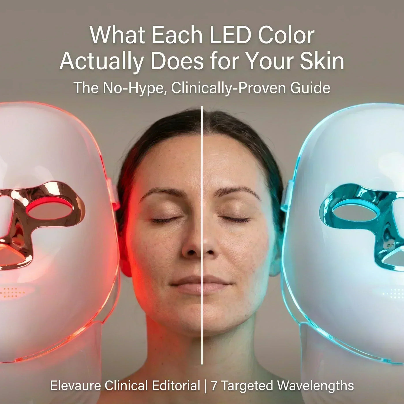 Split-screen visual of a woman using the Elevaure LED face and neck mask, demonstrating red and cyan wavelengths to illustrate what each clinically-proven LED color actually does for the skin.