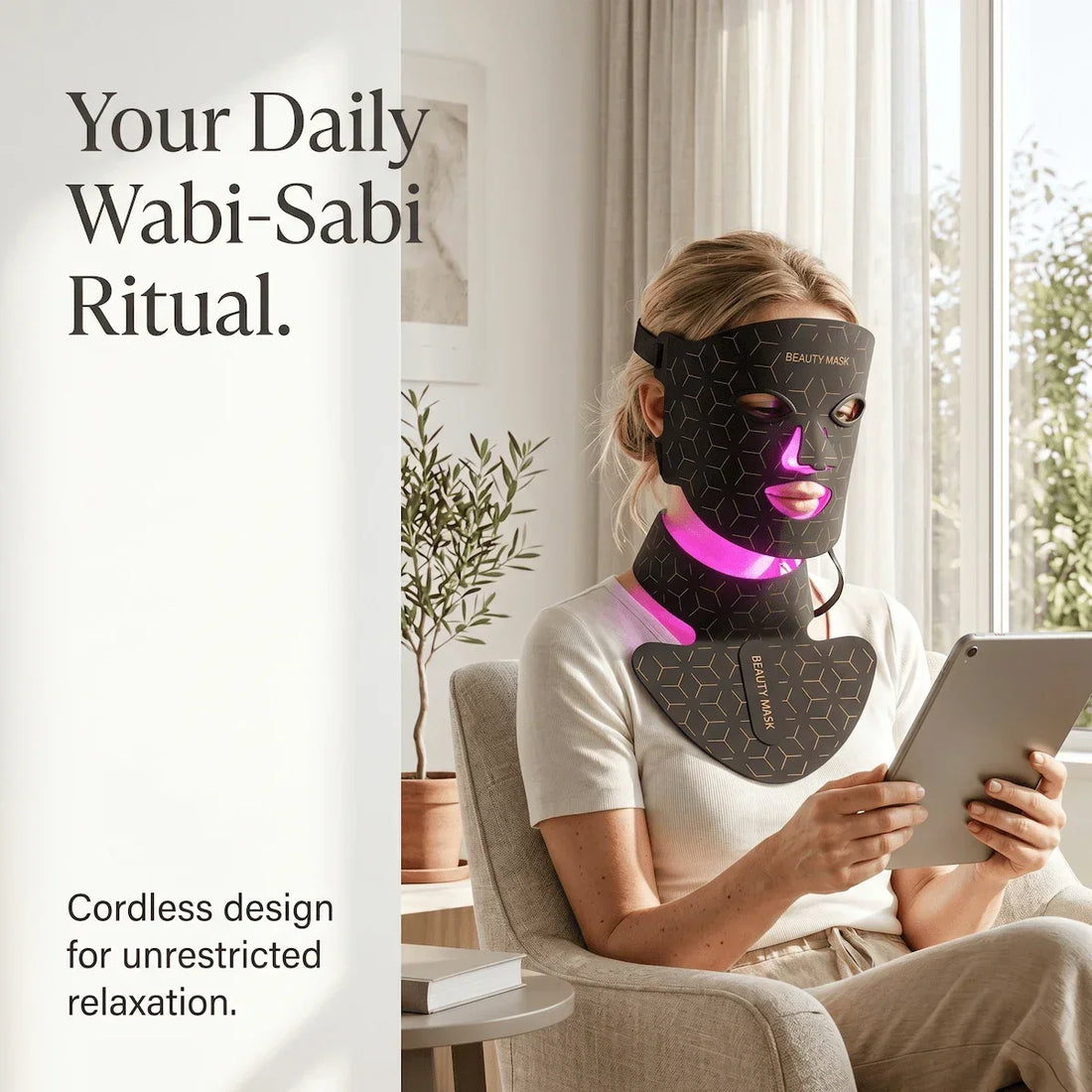 A woman relaxing at home while wearing the flexible Elevaure LED phototherapy mask and chest attachment, showcasing a typical at-home LED therapy session.