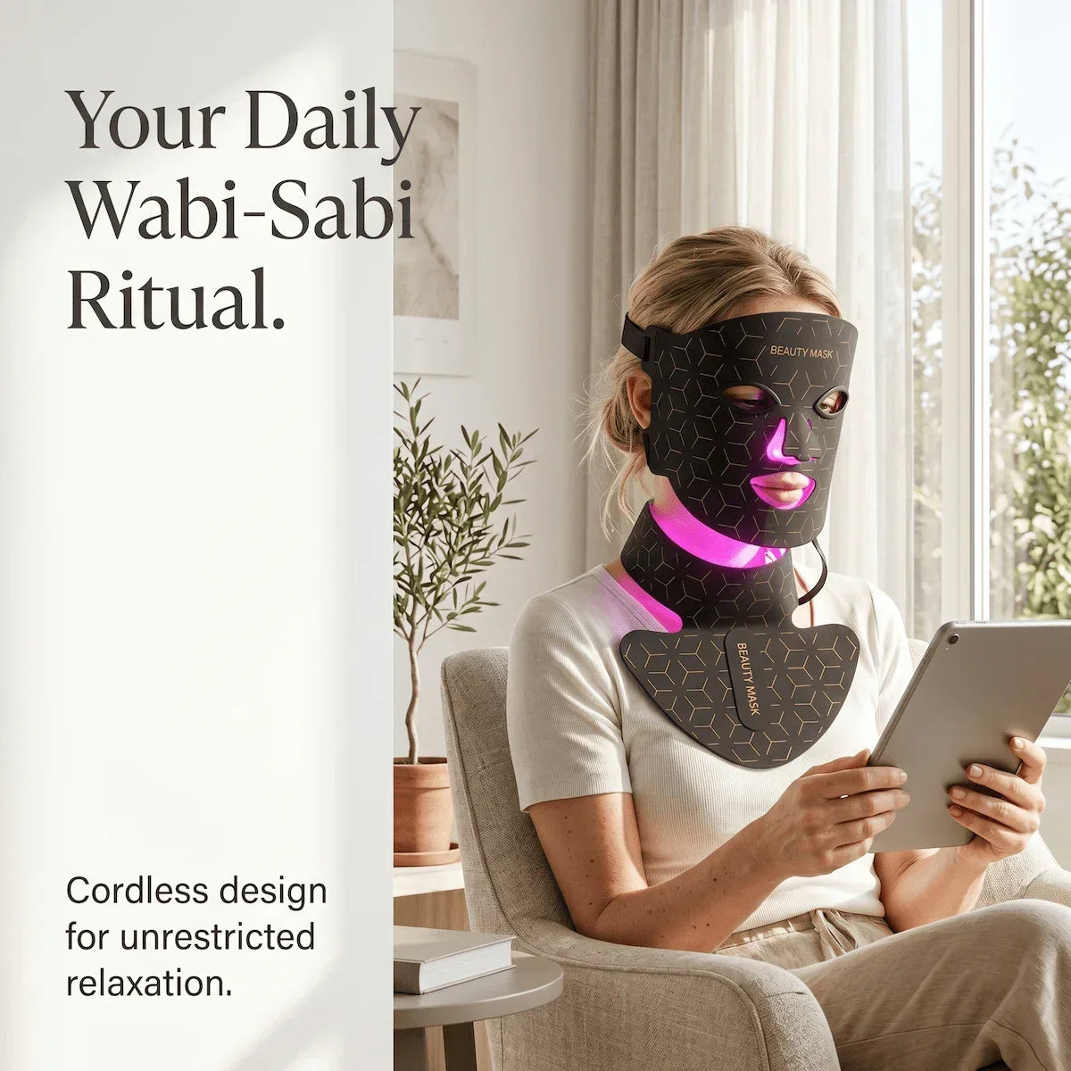 A woman relaxing at home while wearing the flexible Elevaure LED phototherapy mask and chest attachment, showcasing a typical at-home LED therapy session.
