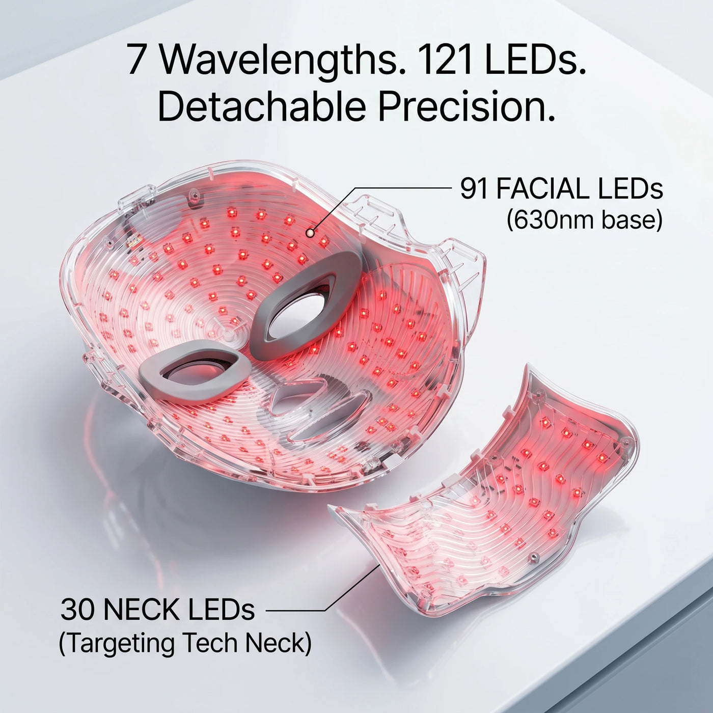 Wireless LED light therapy mask for face and neck coverage