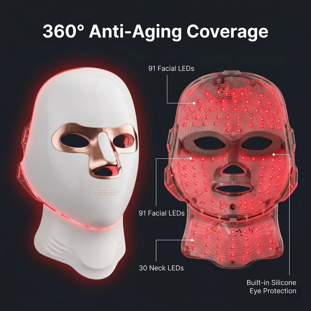 Internal view of the 360-degree anti-aging LED mask showing 91 facial LEDs, 30 neck LEDs, and built-in silicone eye protection for safe at-home treatment.