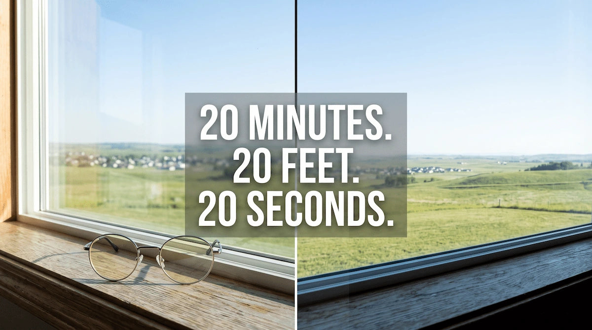 View out of a window from a minimalist home office desk with blue light glasses.