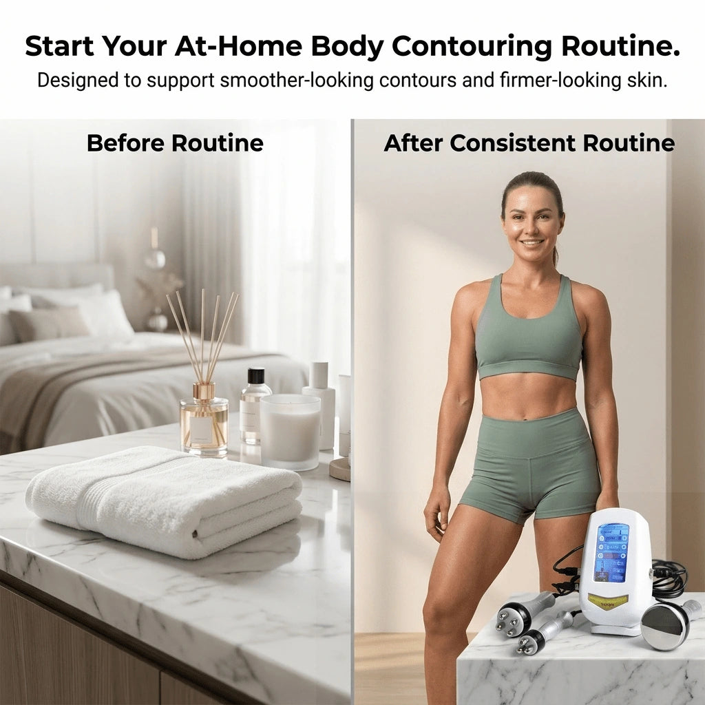 woman using a home body contouring device with ultrasonic cavitation and RF technology