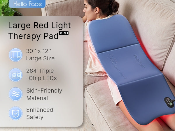 Woman resting prone with the 30.1" × 12.0" red light therapy pad covering her entire back, highlighting 264 triple-chip LEDs and skin-friendly materials.