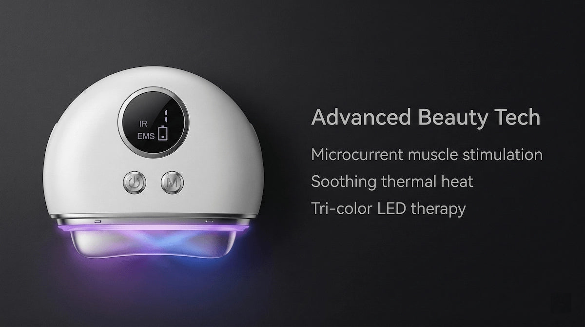 4-in-1 EMS face massager with violet LED light — advanced beauty tech featuring microcurrent muscle stimulation, thermal heat, and tri-color LED therapy