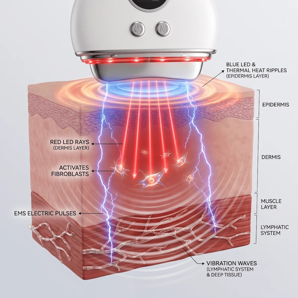 Diagram showing how EMS, thermal heat, vibration, and LED light penetrate different biological layers of the skin.