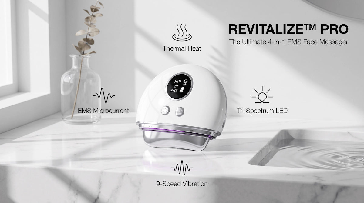 Premium 4-in-1 EMS face massager with microcurrent, heat, LED, and vibration on a marble surface.