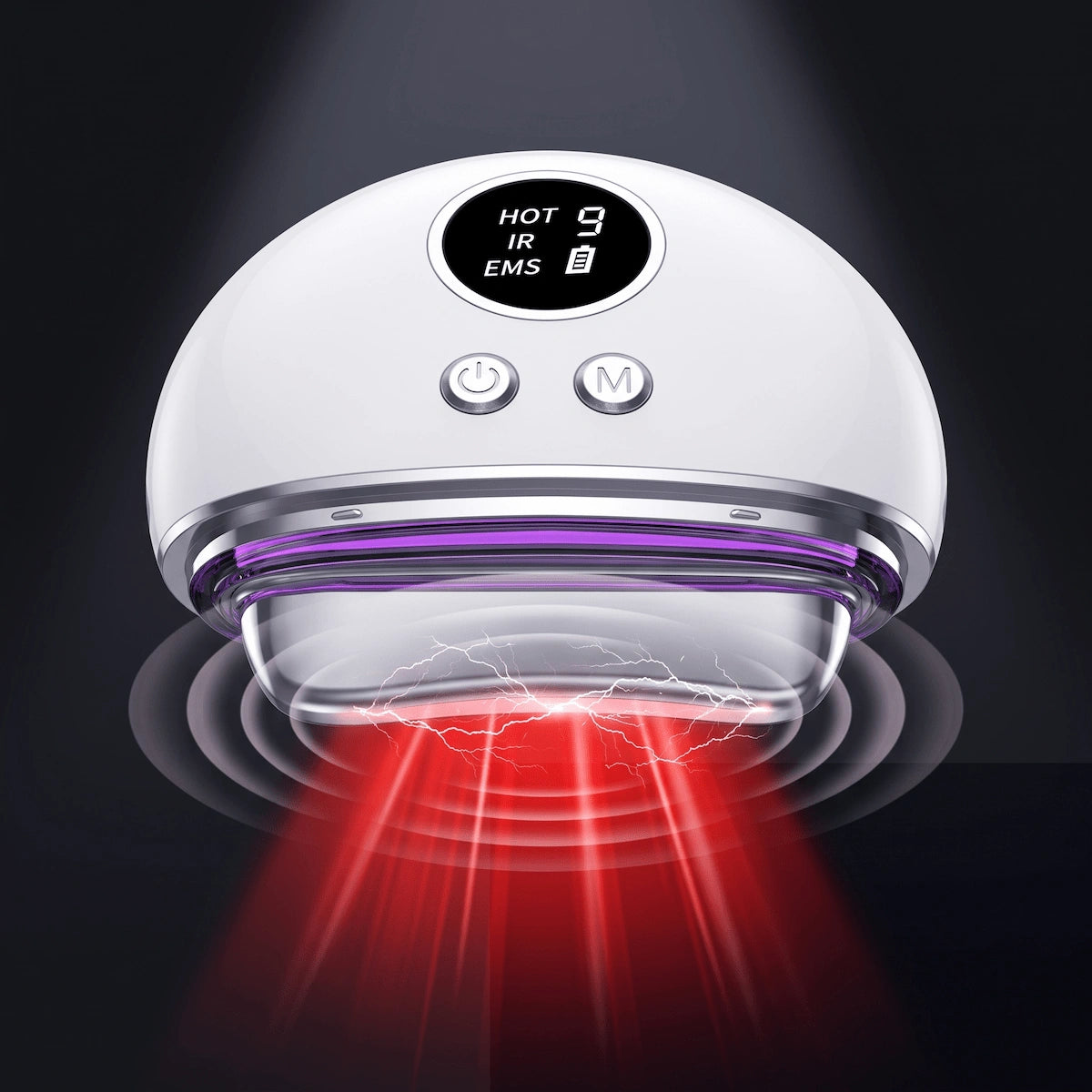 Close-up of facial massager probe demonstrating EMS microcurrent, thermal heat, and LED light therapies simultaneously.