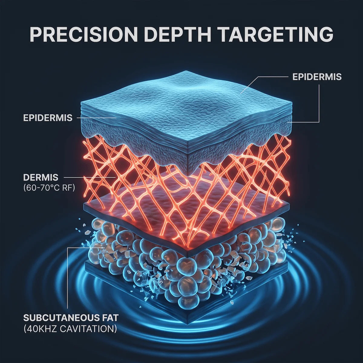 3D cross-section of skin showing 40KHz cavitation and Multipolar RF energy penetrating subcutaneous fat and dermis layers.