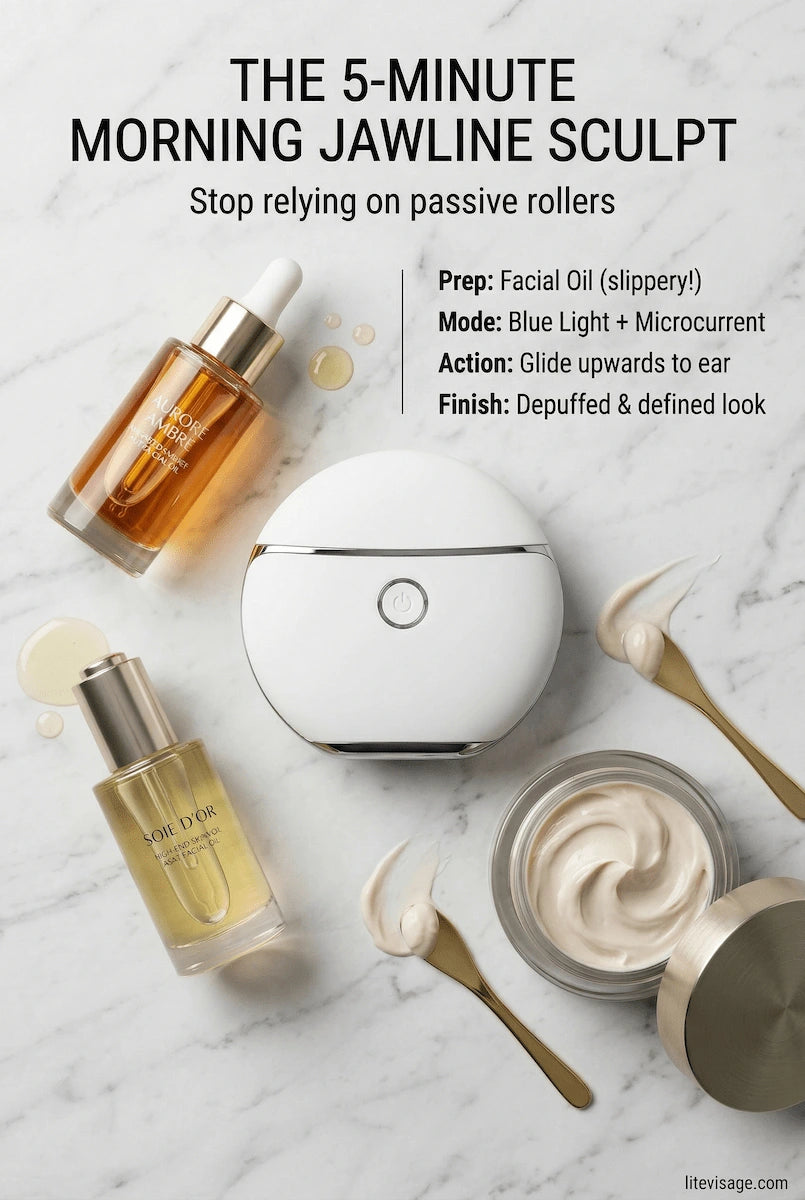 5-minute morning jawline sculpting routine using ELEVAURE Electric Gua Sha, bright morning bathroom setting
