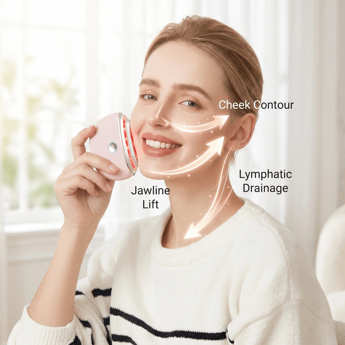 Diagram showing the exact upward and downward massage strokes needed for a 5-minute morning V-face lifting routine.