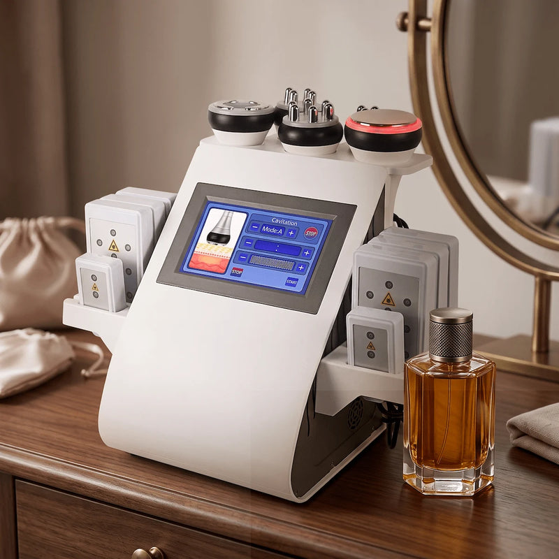 The Elevaure 6-in-1 machine on a vanity, showing the intuitive touchscreen interface set to intensity level 3.