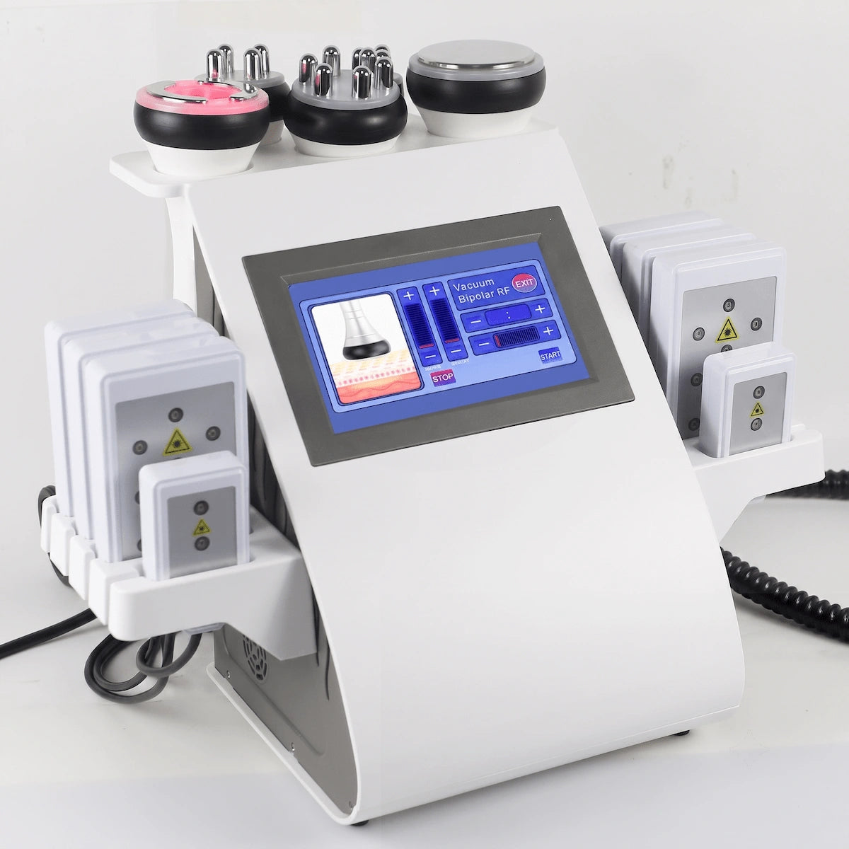 Front-angled view of the complete 6-in-1 professional body contouring system, showcasing the main console and specialized attachments.