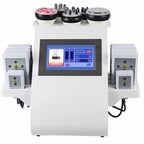 Front view of the complete 6-in-1 professional body contouring system, showcasing the main console and specialized attachments.