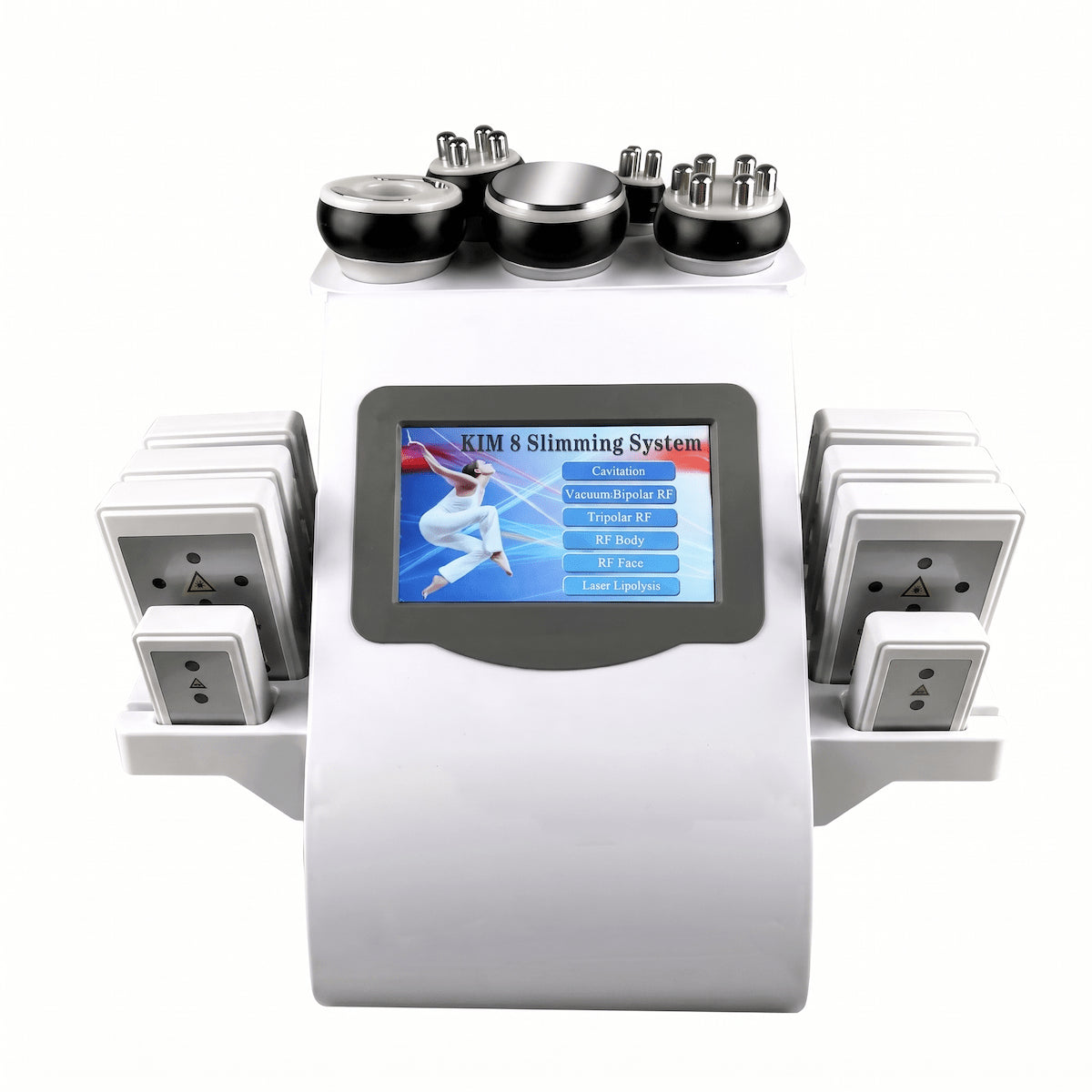 Front view of the complete 6-in-1 professional body contouring system, showcasing the main console and specialized attachments.
