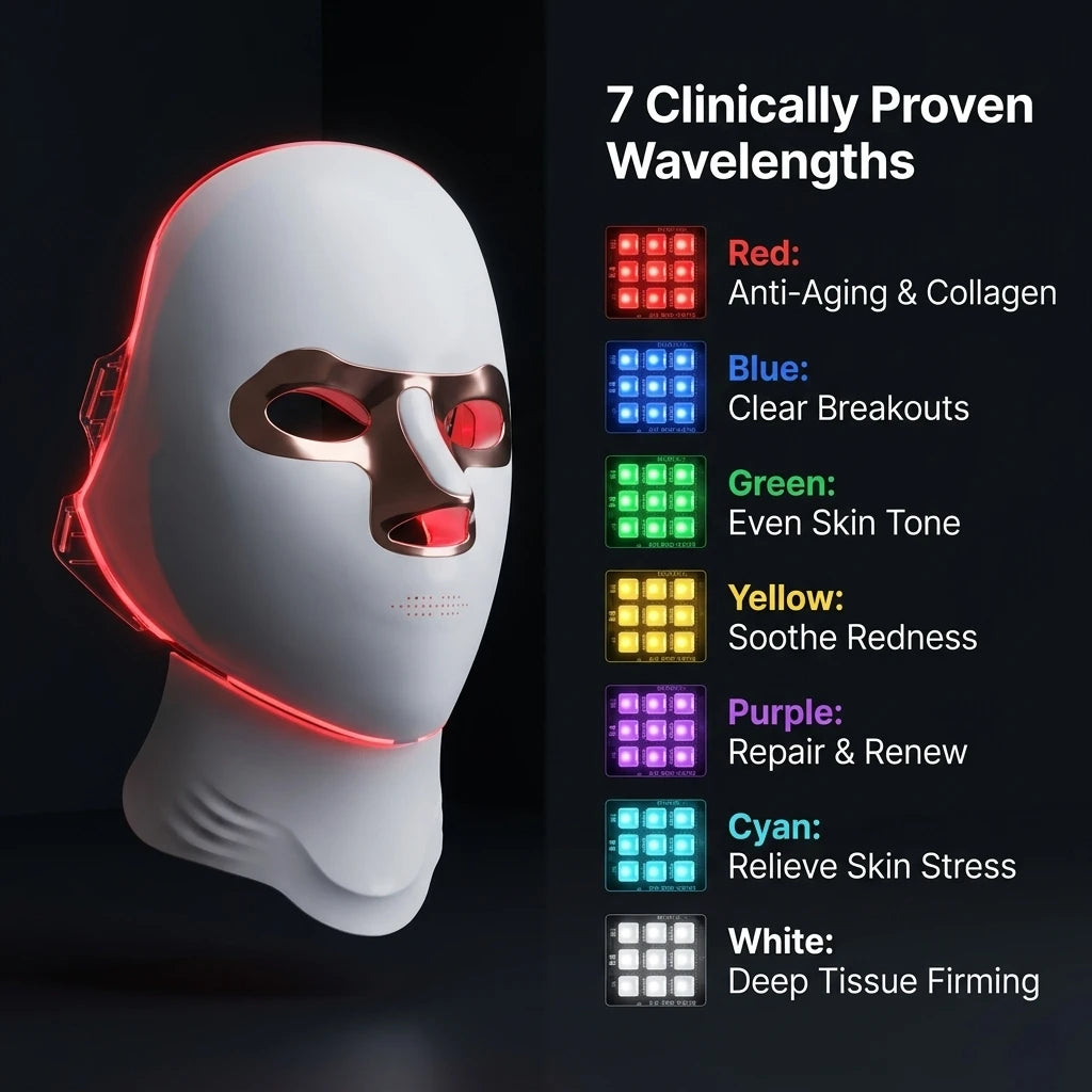 Infographic detailing the 7 clinically proven wavelengths of the LED beauty mask, including red light for anti-aging, blue for breakouts, and green for even skin tone.