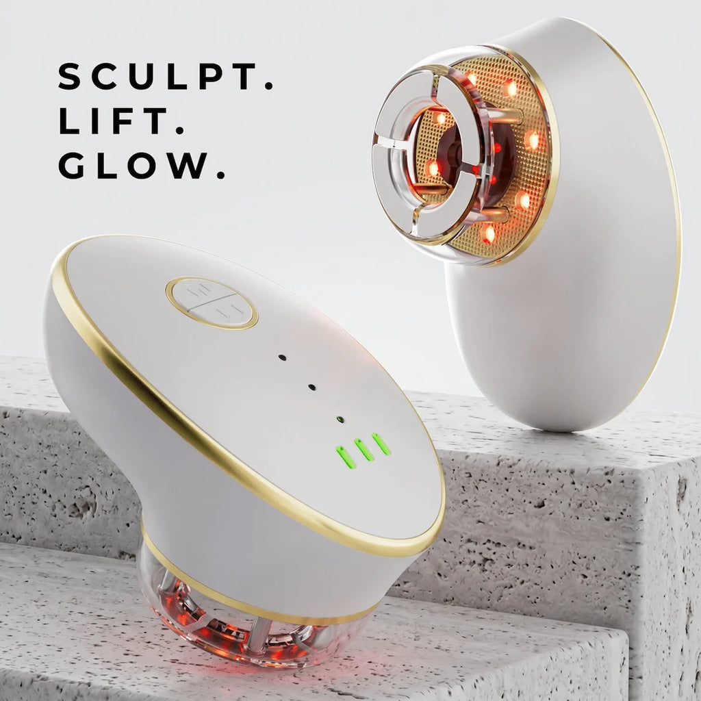 ELEVAURE 7 color LED light therapy face and neck massager resting on a minimalist travertine stone base.