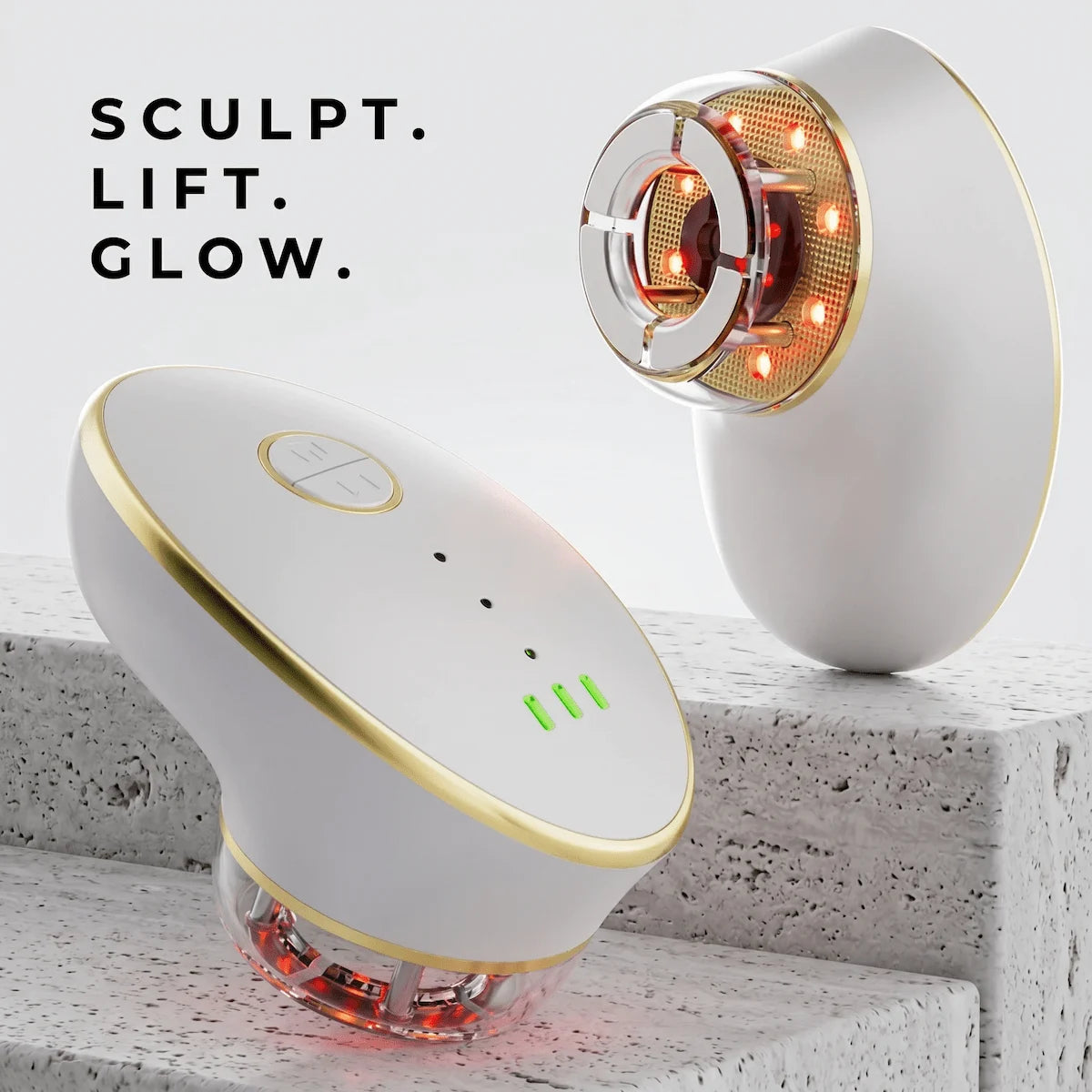 ELEVAURE 7 color LED light therapy face and neck massager resting on a minimalist travertine stone base.