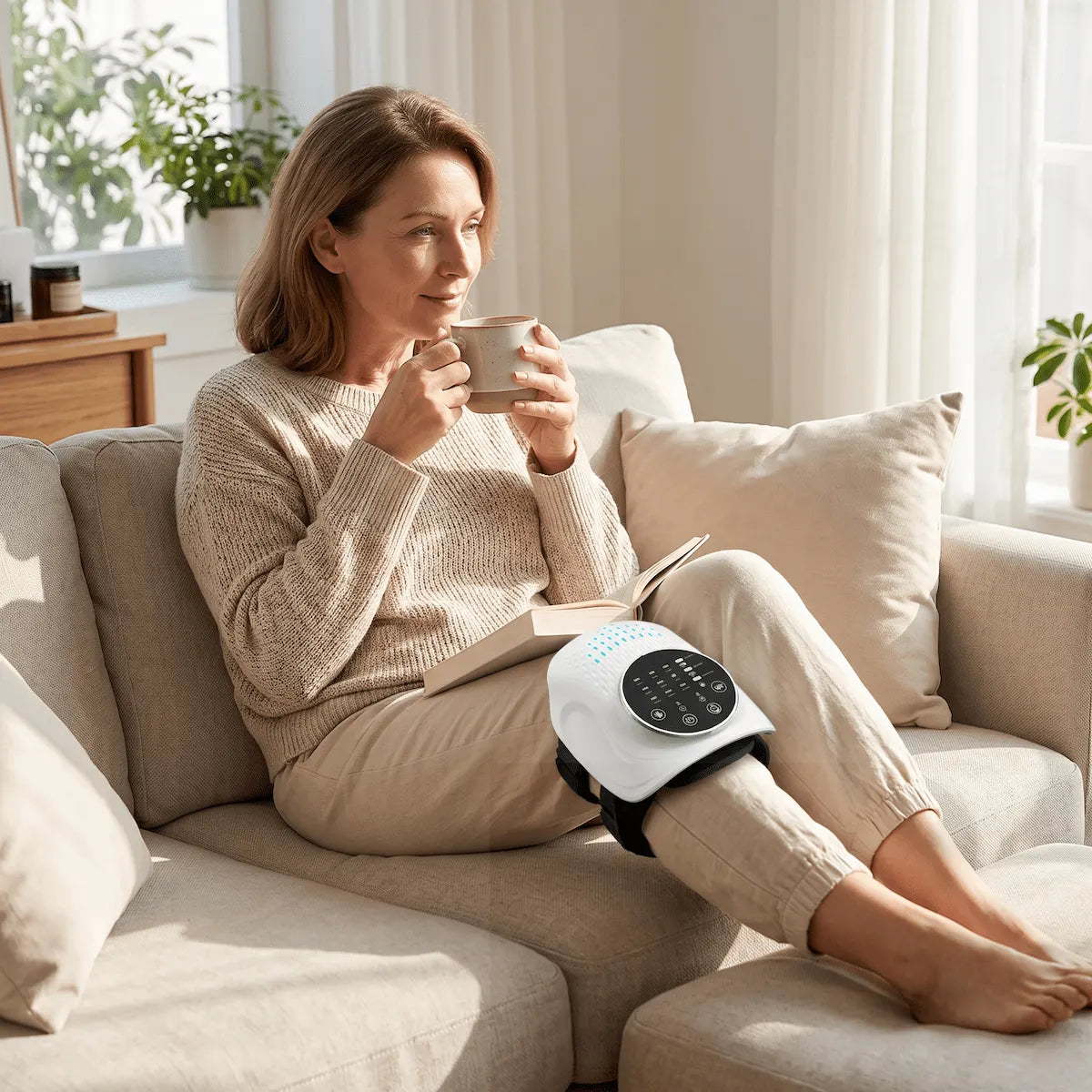 Adult relaxing in a sunlit living room using a heated knee massager to ease morning joint stiffness.