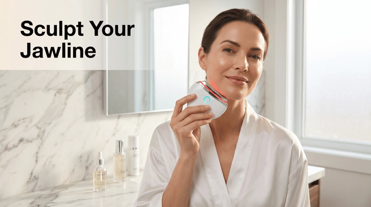 Woman using ELEVAURE Electric Gua Sha Massager in bathroom, jawline sculpting with red LED light active
