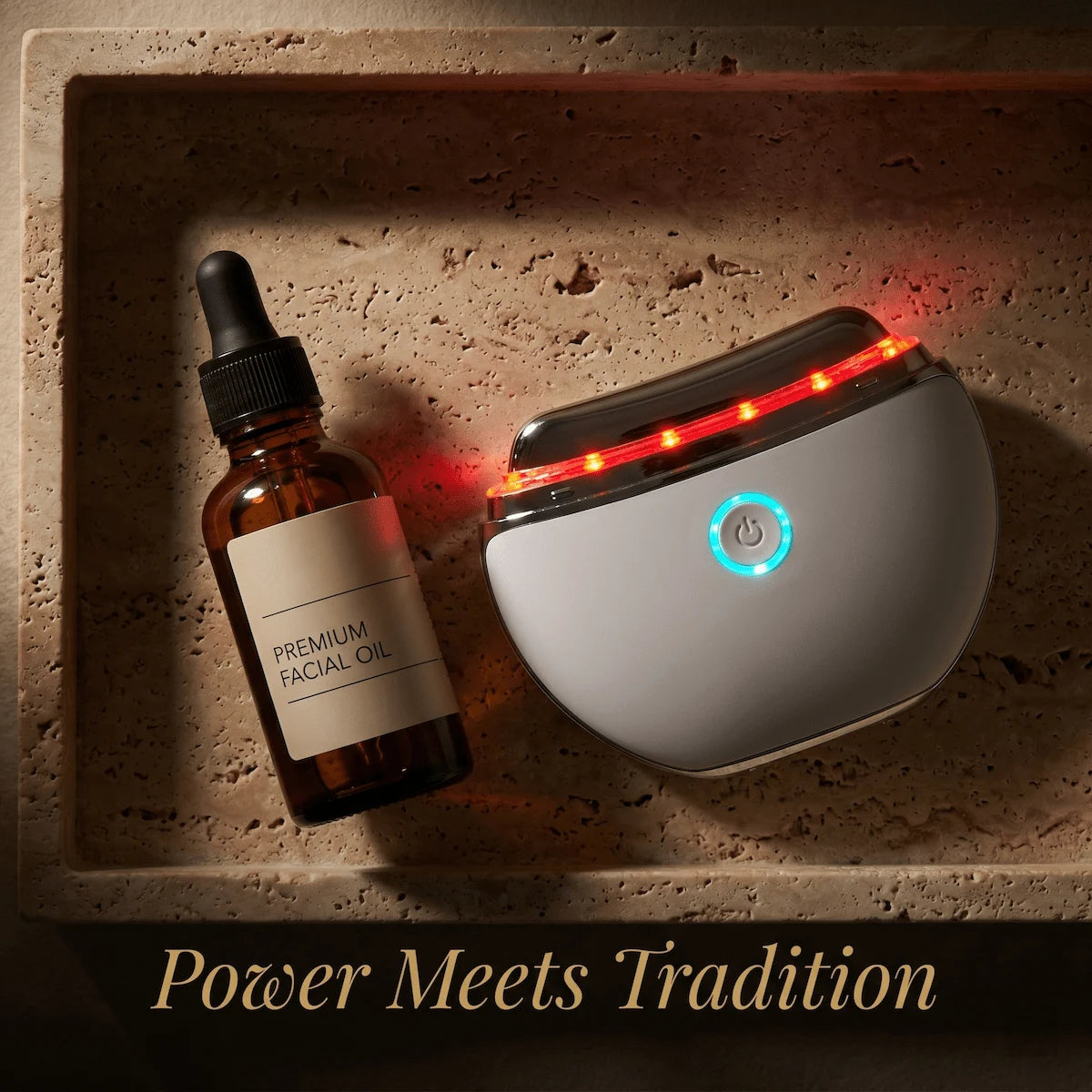 ELEVAURE Electric Gua Sha Massager paired with premium facial oil bottle, flat lay on warm stone surface with red LED glowing