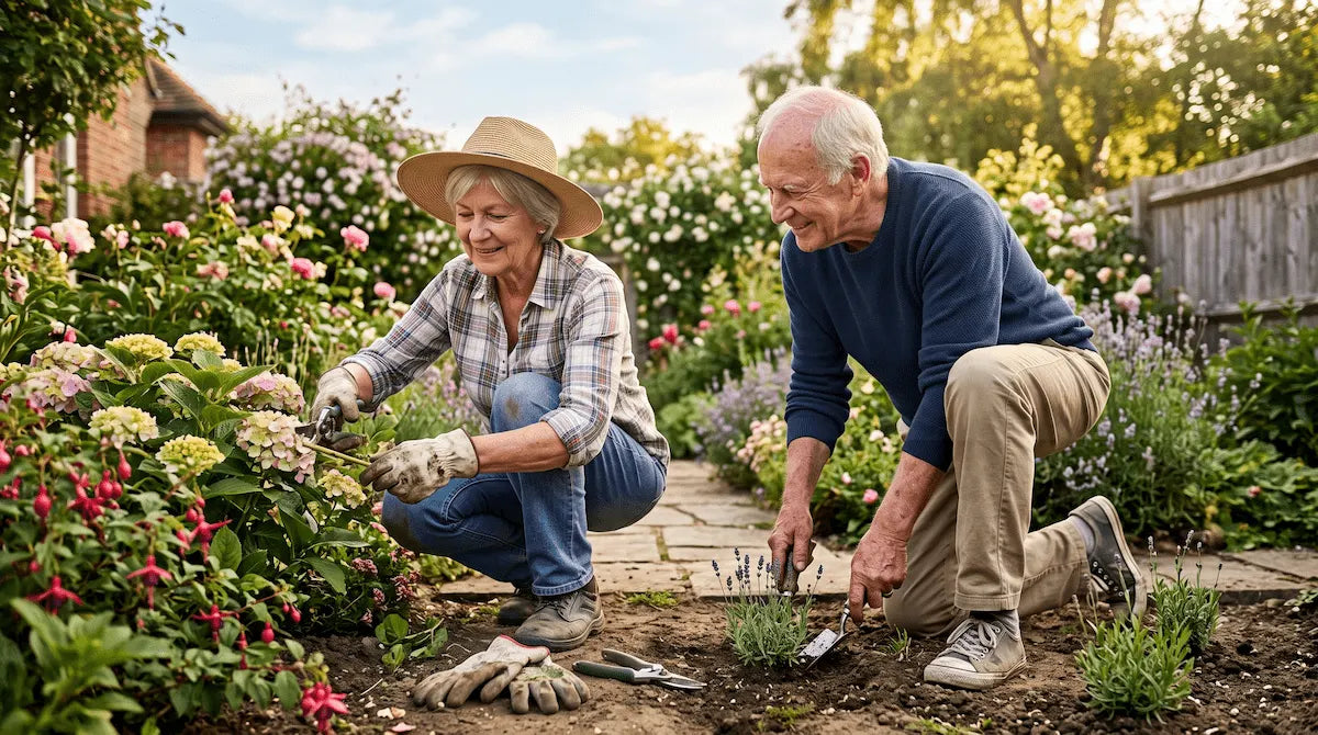 Active senior couple enjoying gardening without knee stiffness after using a multi-modal massager.