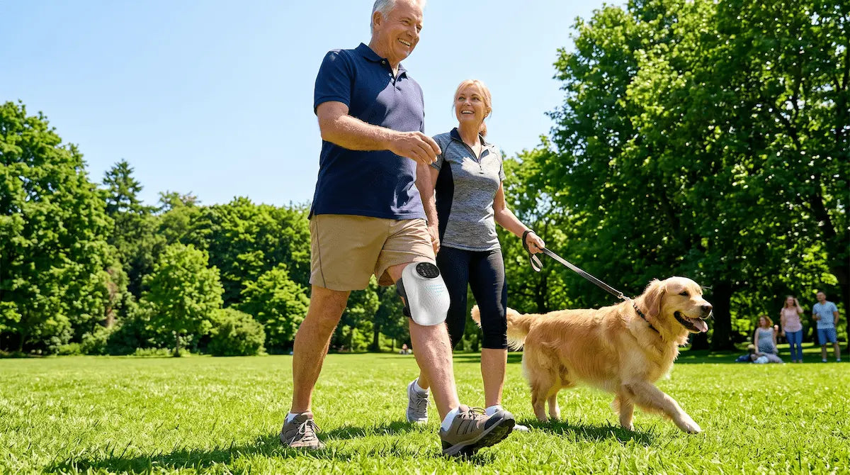 Active senior couple confidently walking their dog in the park after relieving morning knee stiffness.