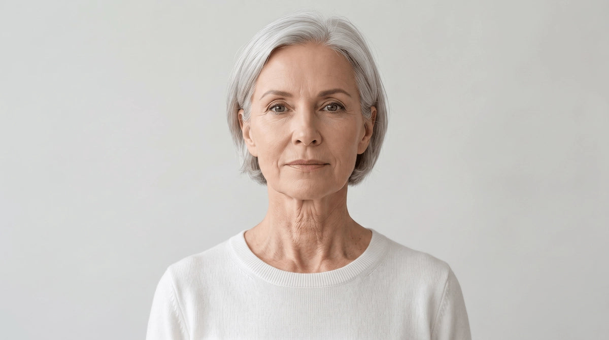 Portrait of a confident mature woman showing natural neck skin aging.